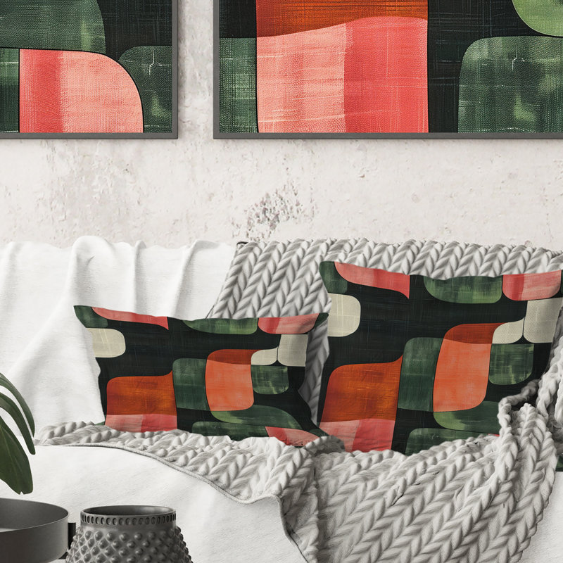 Coussin lombaire rose et vert Mid-Century