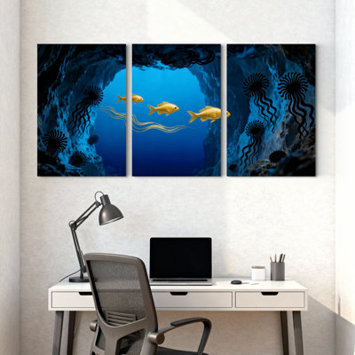 Grotte sous-marine avec poissons dorés et plantes marines, ensemble de 3 impressions sur toile
