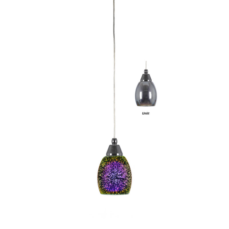 Cord Hung Mini Pendant Shown With 5" Silver Fire Glass, Silver, Chrome