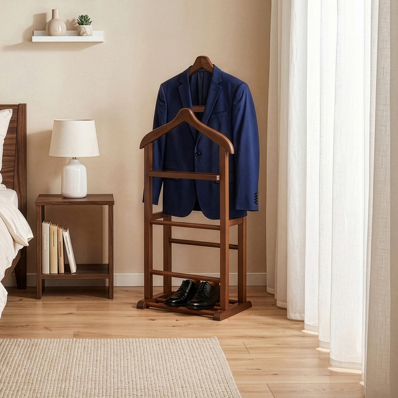 Elegant Valet Stand, Walnut Color, 13.2 x 47.2 x 18.1 inches | 100% Solid Beech Wood, Assembled | Multipurpose Hanger Perfect for Organizing Clothes & Accessories | Traditional Design for Timeless Style