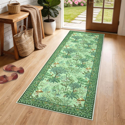 Tapis lavable Forest Botanical avec motifs nature, champignon et animal, tapis antidérapant à poils courts pour le salon, la chambre, la salle de jeux, l'entrée
