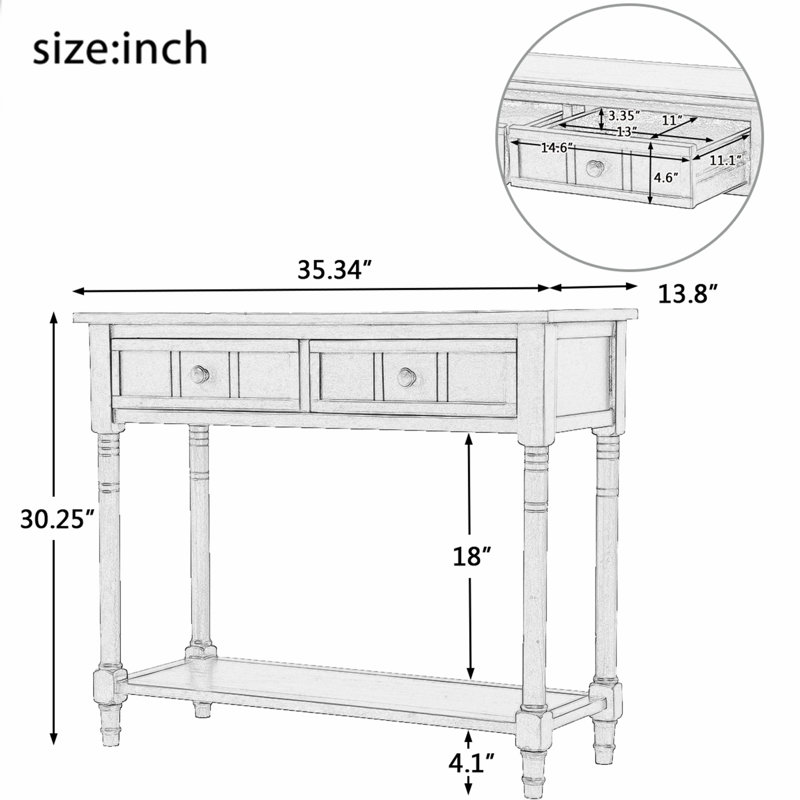 Traditional Design Console Table with Two Drawers and Bottom Shelf, Antique Gray