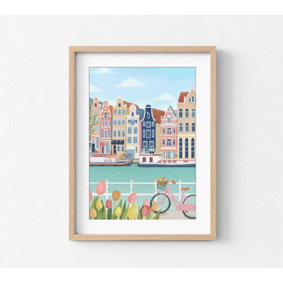 Tulipes au bord du canal - reproduction d'art de voyage à Amsterdam