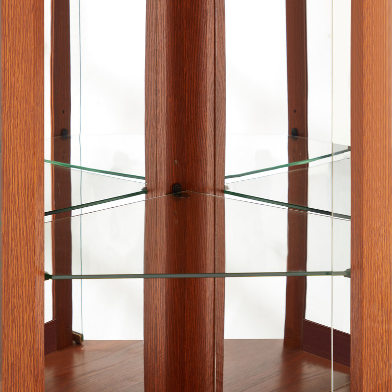 Lighted Corner Glass Display, Dark Oak, Adjustable Shelving, - Toppling, For Antique And Collectible Showcase In Home Living Room Decor