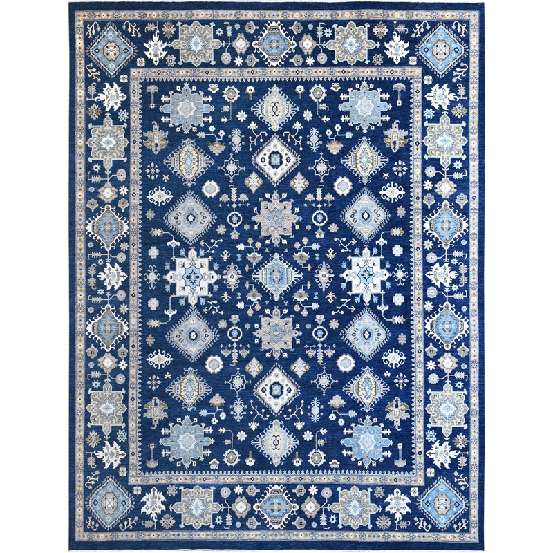 Hand Knotted Wool Area Rug in Blue