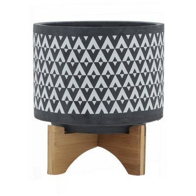 CERAMIC 8 Inch AZTEC PLANTER ON WOODEN STAND, GRAY, Perfect for Indoor and Outdoor Decor