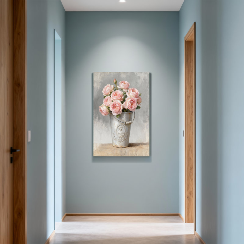 Plantes et fleurs roses dans un seau rétro sur toile, H 40 po x l 28 po