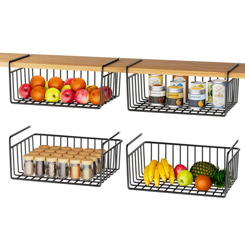 Under Shelf Basket, 4-Pack Under Cabinet Storage for Pantry Kitchen, Holds up to 22lbs, Black