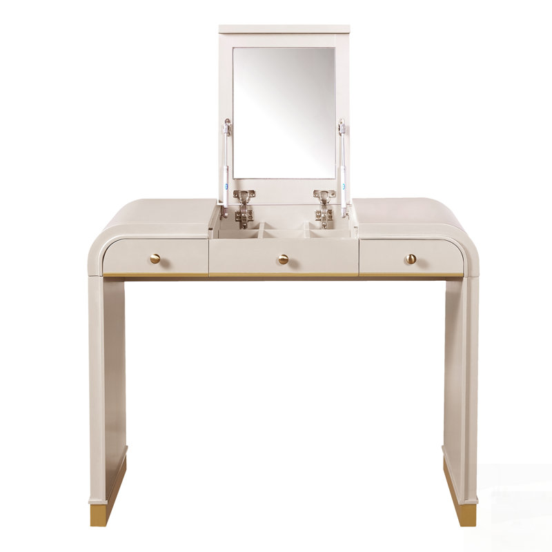 Bureau de coiffeuse classique en bois avec miroir rabattable, coiffeuse 3 en 1 avec 2 tiroirs et espace de rangement pour la chambre à coucher