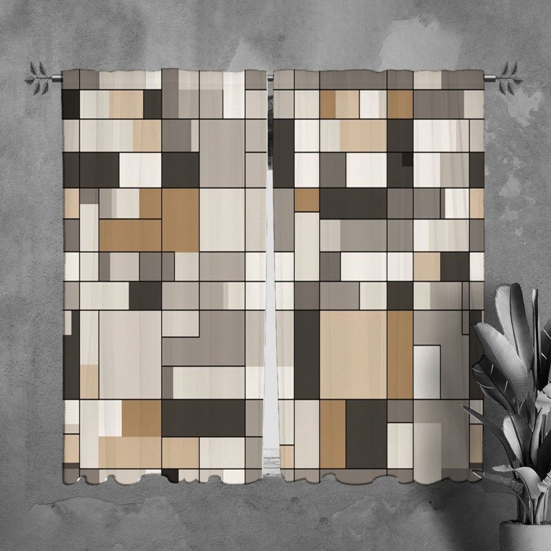 Mondrian Window Curtains Geometric Brown Drapes, H 61 po x l 40 po