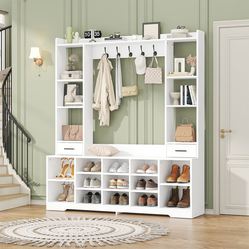 6-In-1 Entryway Hall Tree With Shoe Bench, 13 Cubbies & 2 Drawers, Multi-Functional Storage Organizer For Entryway, Hallway, And Mudroom