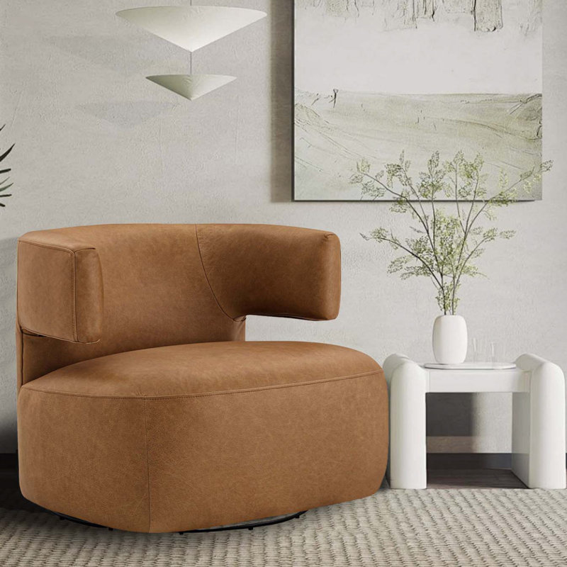 Bascom Genuine Leather Upholstered Swivel Barrel Chair, Marseille Brown