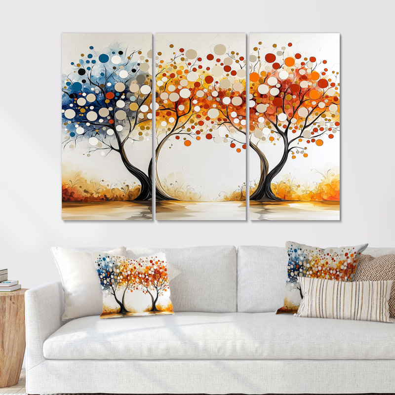 Arbre d'automne orange et bleu «Seasons Tree Reflections IV» - ensemble de décoration murale abstrait Mid-Century