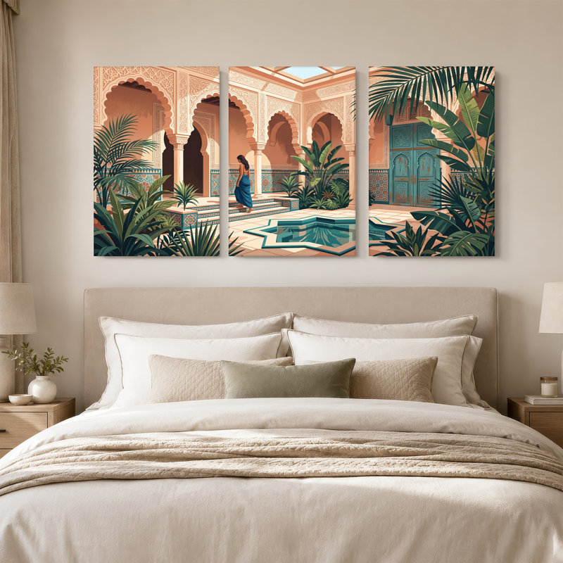 Art mural marocain, cour marocaine avec porte turquoise et palmiers, 36"H x 24"W x 3pcs