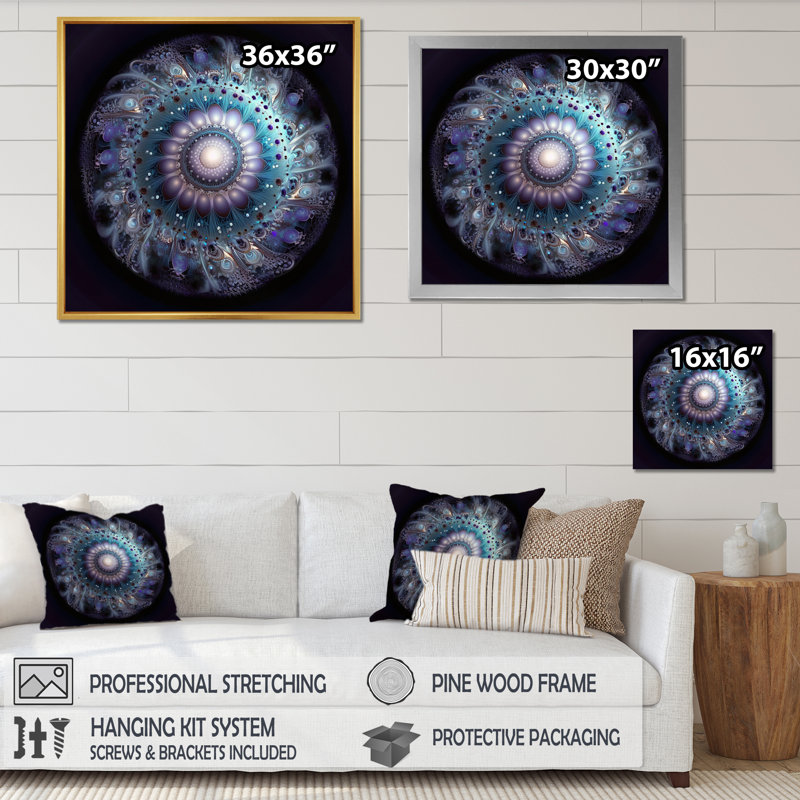 Mandala céleste en mauve et bleu mystérieux - impressions d'art mandala boho, H 16 po x l 16 po, Cadre flottant brun