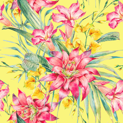 Aventura Watercolor Vintage Floral Tropical Seamless Pattern - Wrapped Canvas Painting