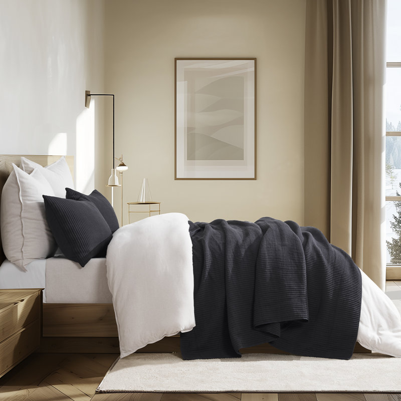 Ensemble de couvre-lit en coton côtelé matelassé, Courtepointe très grand et 2 très grandes taies, Noir délavé