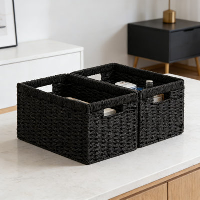 Foldable Storage Baskets 2-Pack, Handwoven Paper Rope Organizer Bins With Handles For Home Organization, Collapsible Rectangular Bins For Pantry, Bathroom, Shelf, And Toy Storage