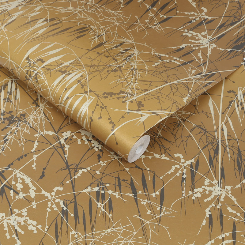 Floral Metallic Wallpaper Roll, Yellow Ochre/Soft Gold