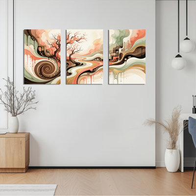 Ensemble de 3 toiles murales abstraites représentant un paysage d'arbres et de tourbillons