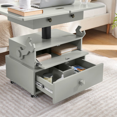 Table de bout roulante à hauteur ajustable laquée ultrabrillante avec station de charge, roues universelles et tiroirs de rangement pour le salon et la chambre à coucher