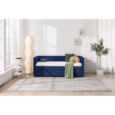 Lit de jour simple rembourré avec lit gigogne, port USB, poches latérales, dossier à profil en V moderne, aucun sommier nécessaire, pour chambre à coucher, chambre d'amis (bleu marine, lit simple)