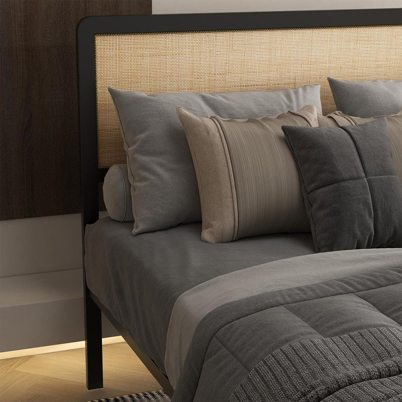 Queen Size Bed Frame With Rattan Headboard And Footboard Platform Bed Frame With Under Bed Storage&Safe Rounded Corners No Box Spring Needed Wood Slat Support Easy Assembly