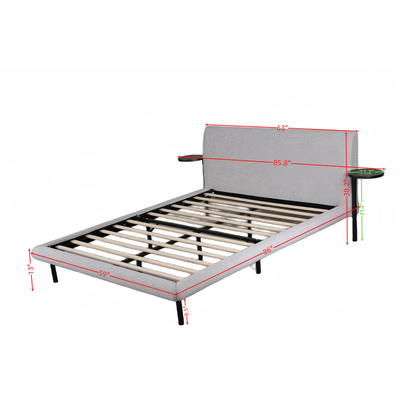 Arcola Upholstered Platform Bed with Side Table, Full/Double, Oatmeal
