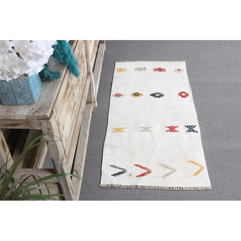 Handwoven Kilim Rug in Flat Weave with Traditional Turkish Patterns on White Canvas for Entryway and Small Spaces