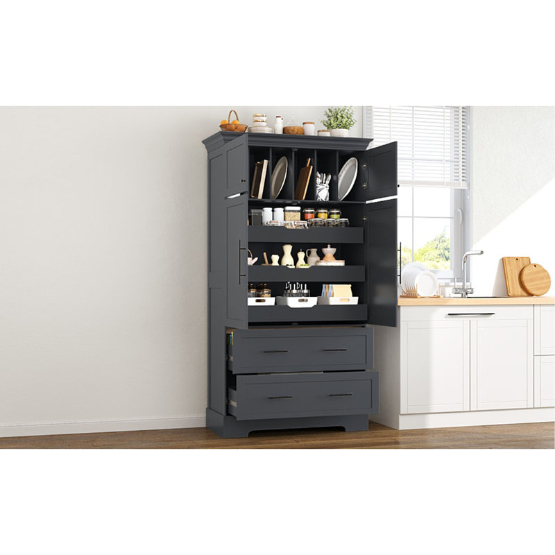 Garde-manger autoportant de 40 po x 18 po x 72,6 po Farmhouse, armoire de rangement de salle à manger à 4 portes avec plateaux coulissants, tiroirs et plateau de rangement pour moule à gâteau, gris