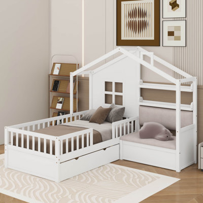 Lit simple avec canapé, lit plateforme pour enfants avec 2 tiroirs et tablette