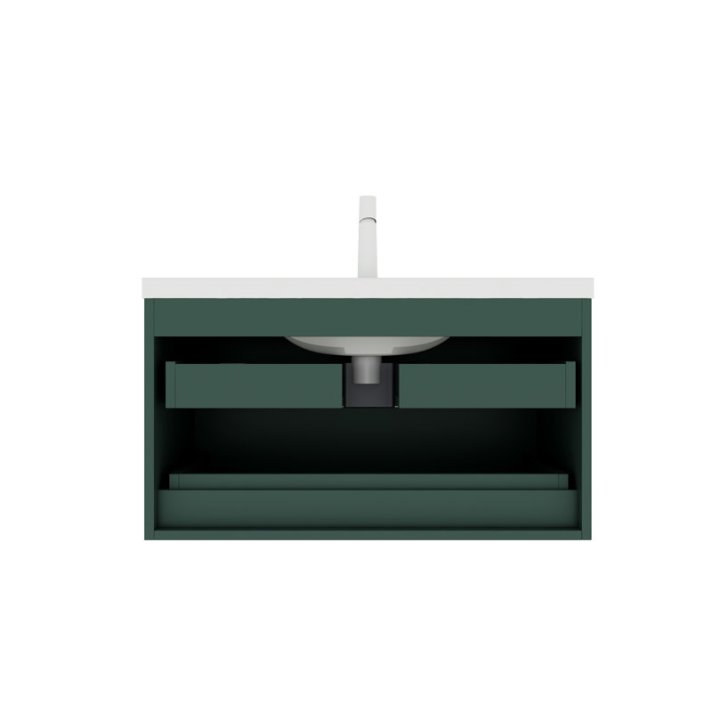 Meuble-lavabo de salle de bain avec lavabo, armoire de rangement flottante murale moderne avec 2 tiroirs (sans armoire latérale), lavabo en céramique blanche sans robinet, vert