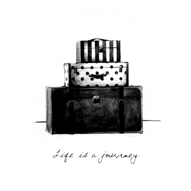 Life Is A Journey Luggage - Painting on Canvas, 76 cm H x 51 cm W, Black Floater Framed