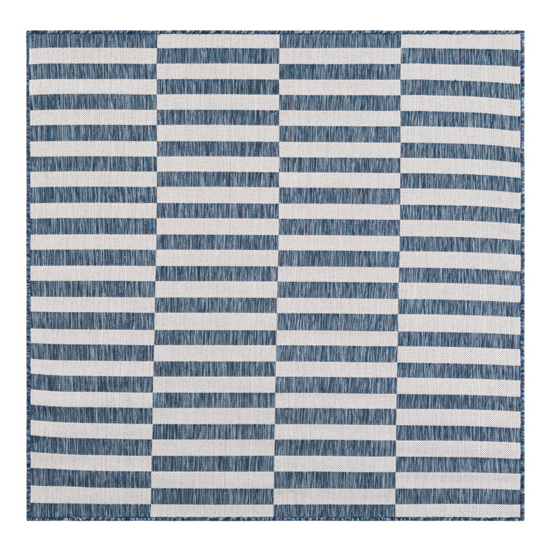 Pana Striped Navy Blue/Ivory Indoor / Outdoor Area Rug, Square 5'3"
