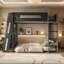 Grand lit superposé en bois avec bureau, deux tablettes de rangement, USB et lumière DEL, noir et rouge