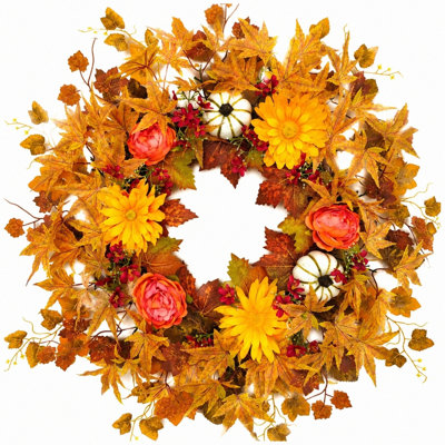 26 Inch Fall Wreath for Front Door - Large Artificial Maple Leaves Fake Silk Peony Faux Pumpkin Outdoor Wreath for Porch, Window,Farmhouse,Home,Thanksgiving Day Harvest Festival Autumn Decor