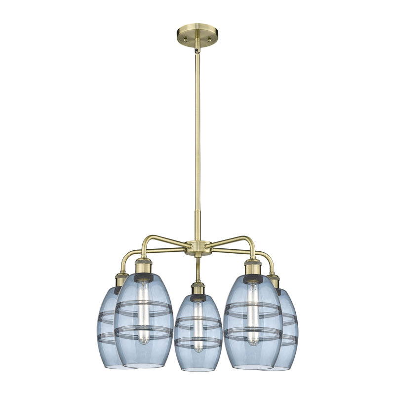 Lustre rond / ovale à abat-jour 5 lumières, H 13,63 po x l 23,88 po x P 23,88 po, Bleu princesse, Laiton antique