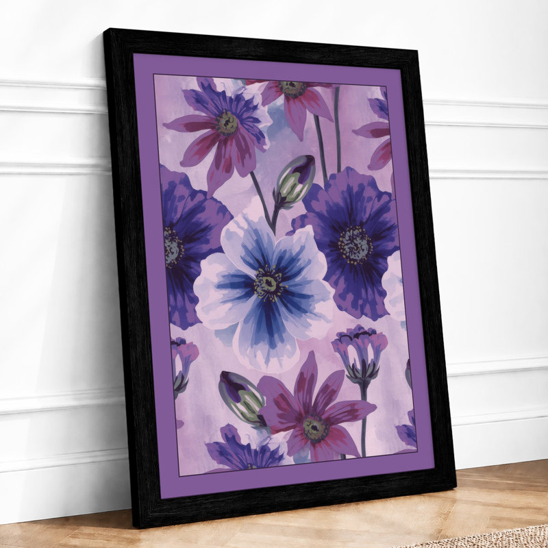 Purple Daisy Sprinkle Botanical - Framed Print, A2 - 59.4 x 42.0 cm, Black