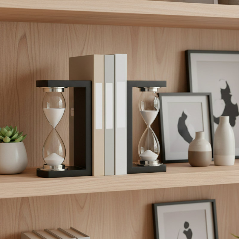 Decorative Hourglass Sand Timer Bookends - Modern Book Ends for Home, Bookshelf, or Desk Decor - Set of 2, 10", Black