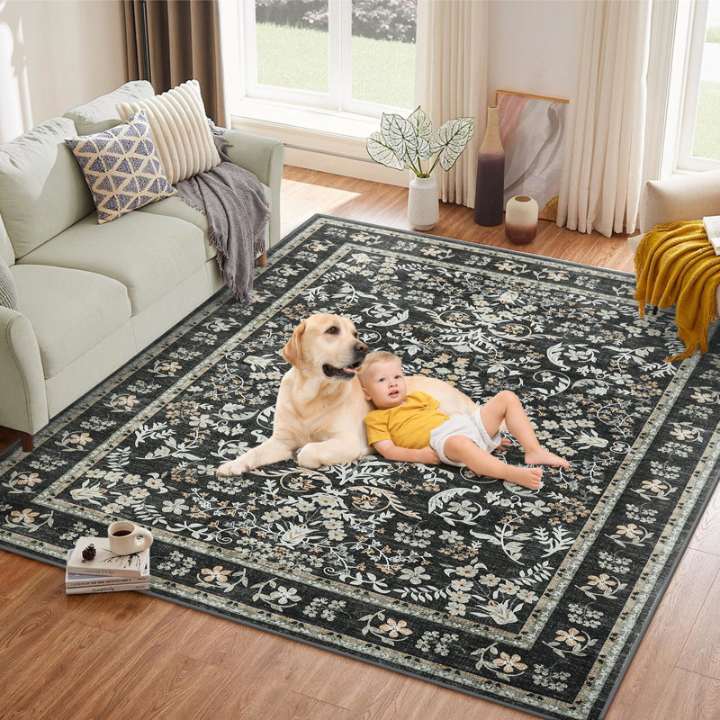 Washable Area Rug, Boho Floral Soft Rugs for Living Room, Non Slip Low Pile Carpet for Bedroom, Dining Room, Nursery, Hallway
