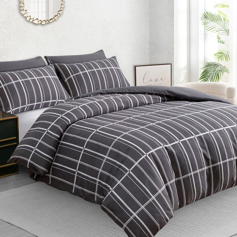 Soft Touch Reversible Duvet Cover Set with Secure Zipper & Corner Ties, Single Duvet Cover + 1 Standard Pillowcase, Charcoal