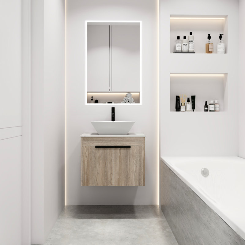 Meuble-lavabo de 24 po avec lavabo en céramique. Style mural en chêne blanc. Porte à fermeture en douceur. Rangement généreux. Poignée en métal. Ardoise moderne 24 po. Chêne. Bassin et abondance de sensation luxueuse