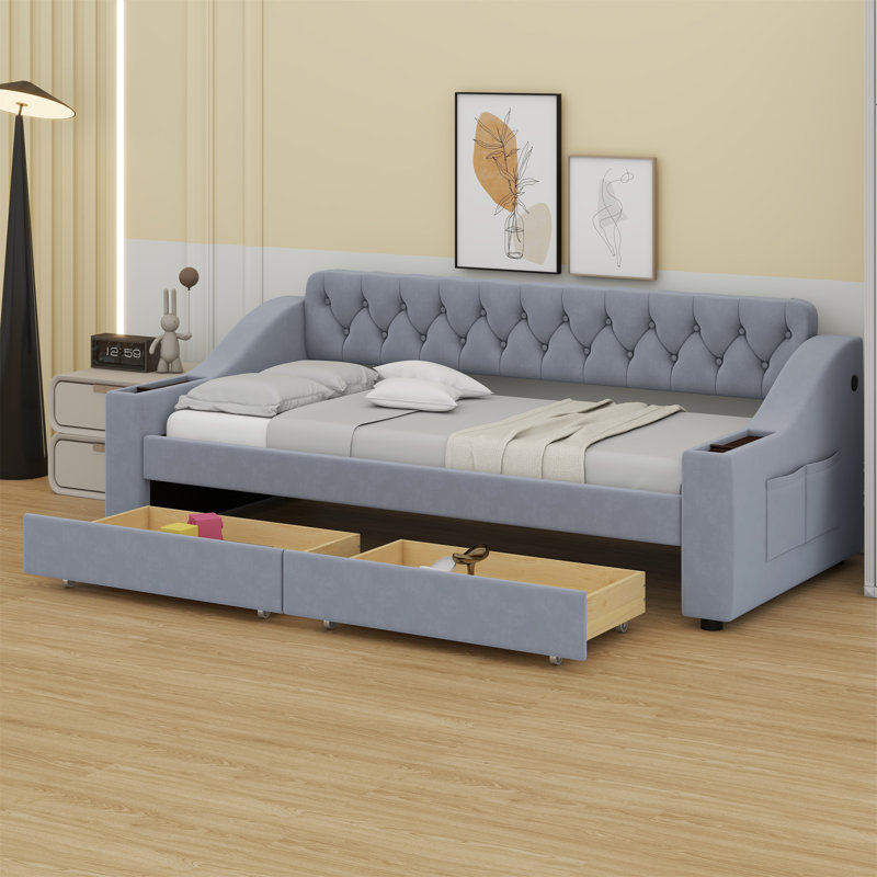 Lit de jour rembourré avec accoudoirs de rangement et port USB, Gris