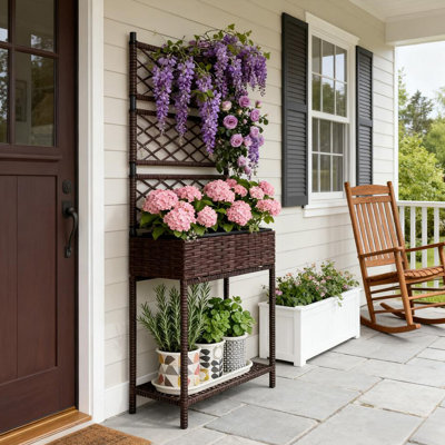 Spacious Freestanding Rattan Garden Box,Outdoor Wicker Planter With Trellis For Climbing Plants,With Storage Shelf