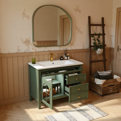 36"Farmhouse Freestanding Bathroom Vanity with Sensor Light, Patterned Glass Sink & Storage