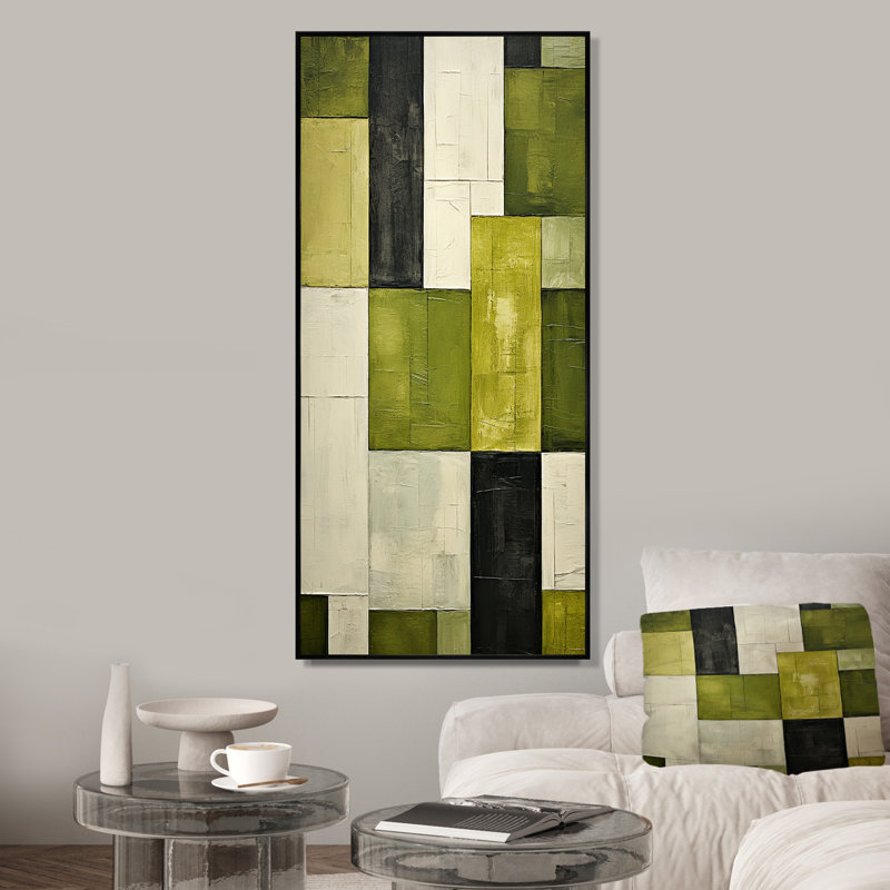 Collage écologique vert écologique III - art mural abstrait, Cadre flottant noir, 40" H x 30" W