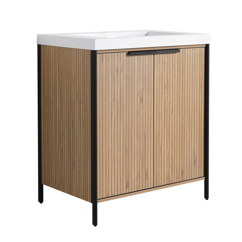 Meuble-lavabo autoportant avec lavabo en résine et 2 portes d'armoire, meuble-lavabo