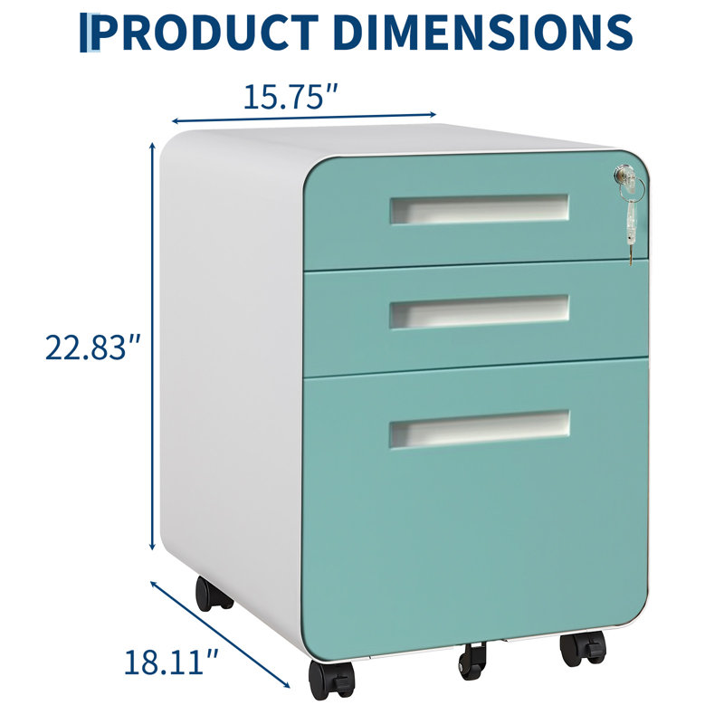 Blue 3 Drawer Mobile Under Desk Filing Cabinet, Lockable, Anti-Tilt 5-Wheel Design, Fits A4/Letter/Legal Files, Fully Assembled (Casters Ready to Attach)