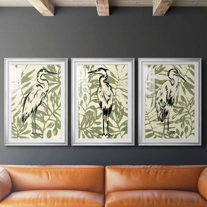 Retro Parlor Heron I - reproduction sur mesure encadrée de qualité supérieure - 3 pièces, Argent argent, H 19 po x l 27 po