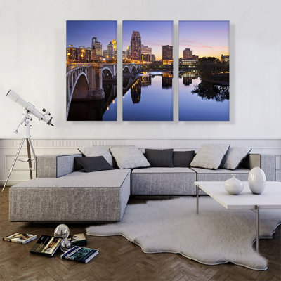 Minneapolis Minnesota Bridge and Skyline - ensemble de 3 reproductions de photos sur toiles tendues